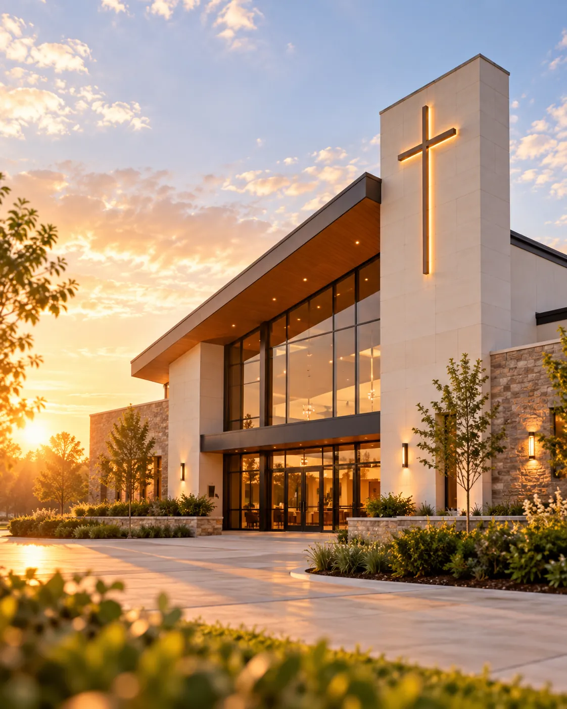 Contemporary church exterior at golden hour