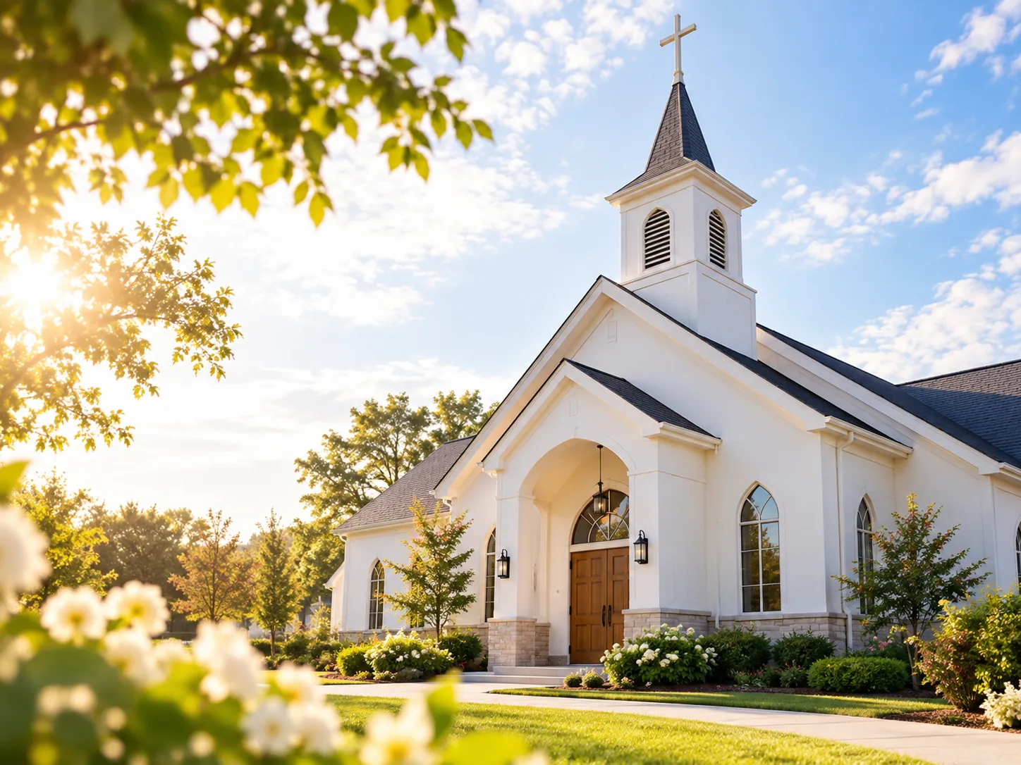 White chapel with a steeple surrounded by spring trees