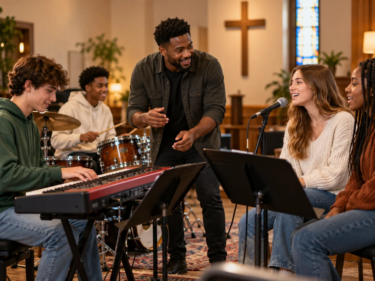 Instructor leading a group music class in a church
