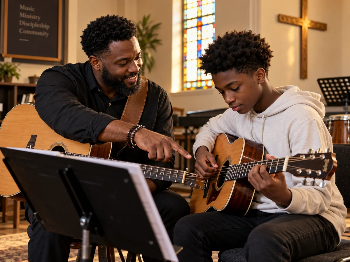 African music teacher guiding a young guitarist in a church practice room