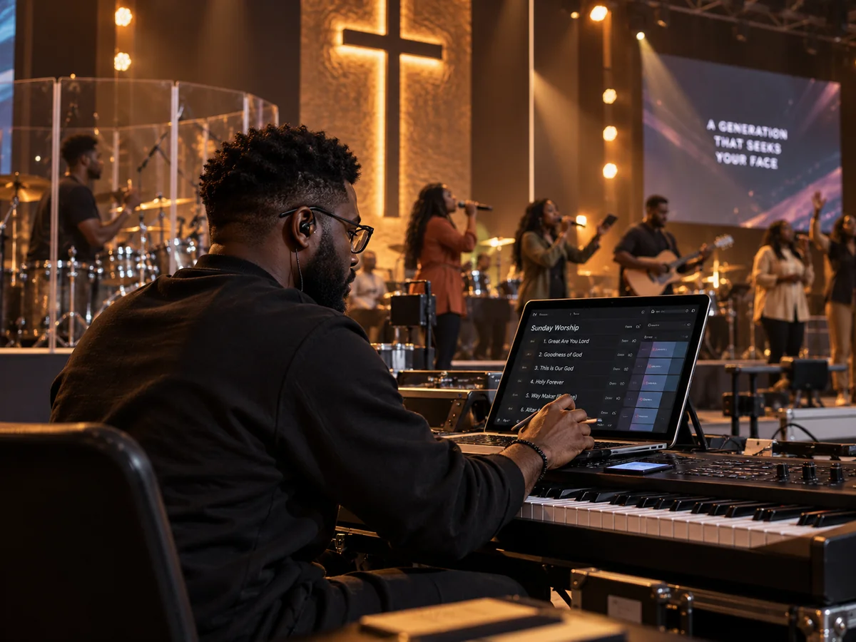 Gospel keyboardist playing with a church worship team
